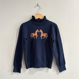 NWT Janie and Jack Girls Sweater Size 4 Navy Knit Horse Motif Ruffles Preppy